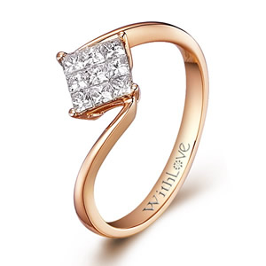 无边镶18K玫瑰金公主方钻石戒指